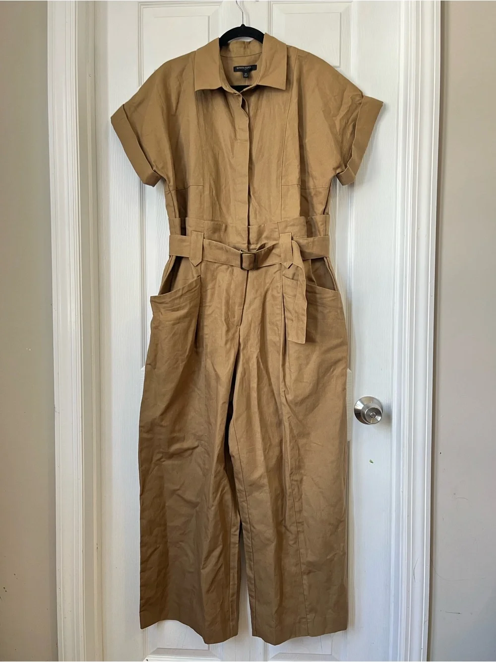 Banana Republic Tan Linen Belted Collared Utility Safari Jumpsuit size 12